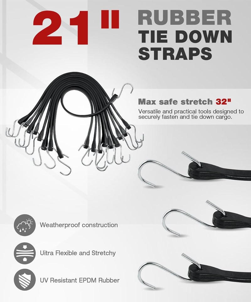 Digank Bungee Cords Heavy Duty Outdoor 21", 10 Pack Rubber Bungee Straps with Metal S Hooks, EPDM Tarp Straps for Cargo, Canopy, All-Weather Use, 180 lbs Load - Image 2